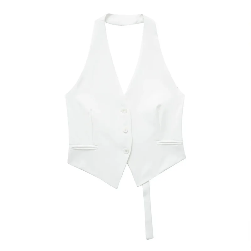 Color: WHITE, Size: S - MUJER Off Shoulder Sleeveless Vest Women Black White Cropped Vest Woman Fashion Backless V Neck Short Coats Summer Waistcoat
