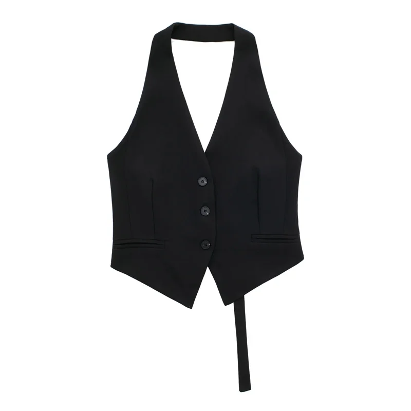 Color: WHITE, Size: S - MUJER Off Shoulder Sleeveless Vest Women Black White Cropped Vest Woman Fashion Backless V Neck Short Coats Summer Waistcoat