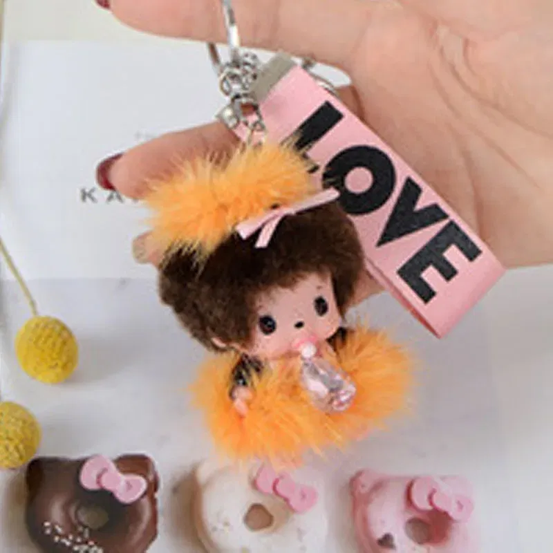 Color: light green, Ships From: CHINA - New creative mink hair Monchi key chain figure car pendant plush toy cartoon doll webbing