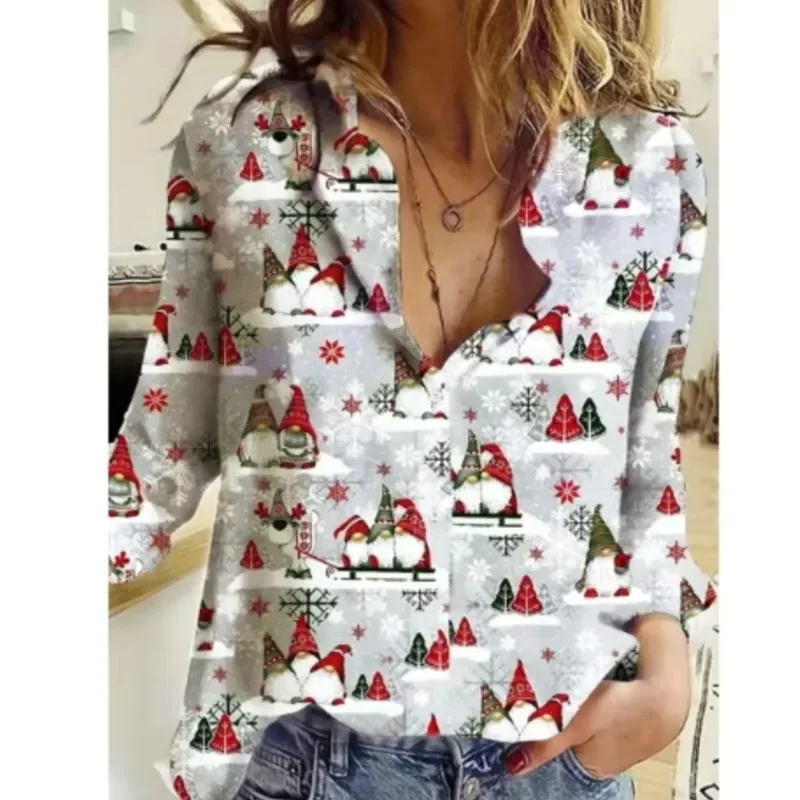 Color: Beige, Size: 5XL, Ships From: CHINA - Women New Christmas Shirt Cute Christmas Tree Santa Claus Print Blouses Casual Long Sleeve Button Tops Autumn Blouses Ladies