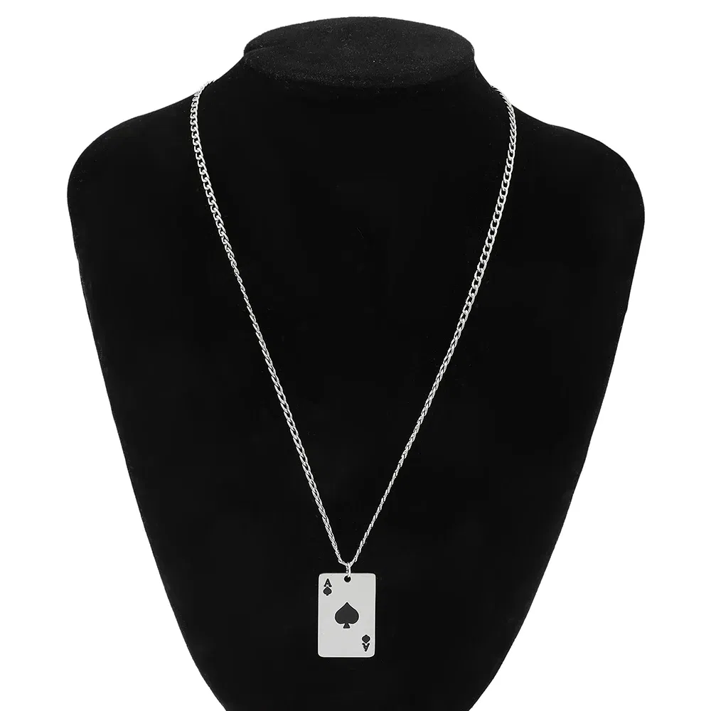 Hip Hop Stainless Seel Black A Playing Cards Pendant for Male Necklace Casino Fortune Playing Cards Jewelry Korea Kpop Gift