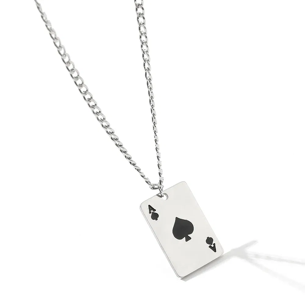 Hip Hop Stainless Seel Black A Playing Cards Pendant for Male Necklace Casino Fortune Playing Cards Jewelry Korea Kpop Gift