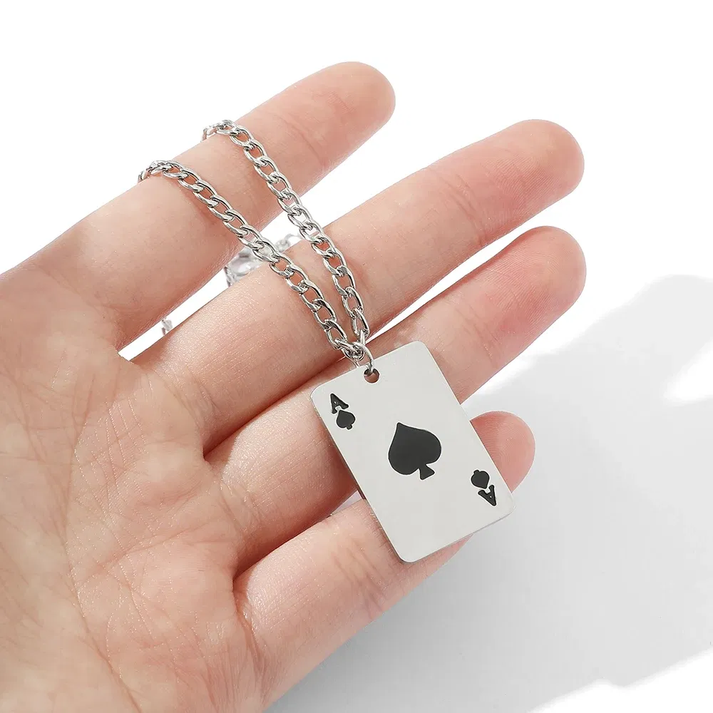 Hip Hop Stainless Seel Black A Playing Cards Pendant for Male Necklace Casino Fortune Playing Cards Jewelry Korea Kpop Gift