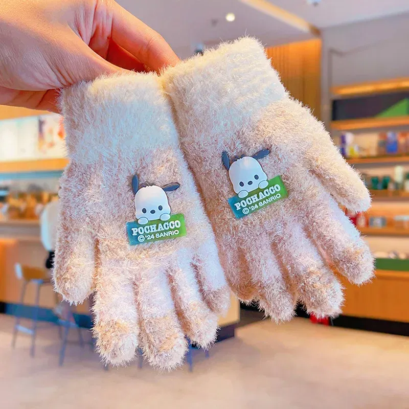 Color: Gold - Sanrio Gloves Kawaii My Melody Kuromi Cold-Proof Winter Finger Gloves Plush Screen Touch Warm Children Toddler Christmas Gifts