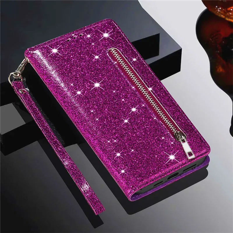 Color: PURPLE, Material: Cotton Fabric - Zipper Flip Wallet Glitter Leather Case for iPhone 16 15 14 13 12 11 Pro Max XS XR 8 7 Plus SE 2022 Mini Bling Stand Phone Cover