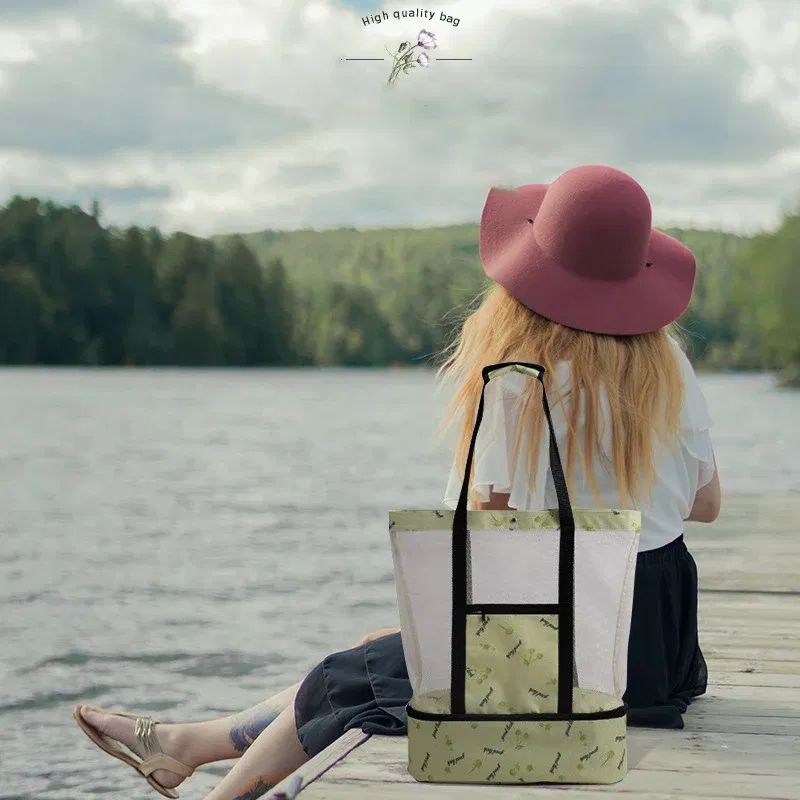 Color: Gold - High Capacity Women Mesh Transparent Bag Double-layer Heat Preservation Large Picnic Beach Bags