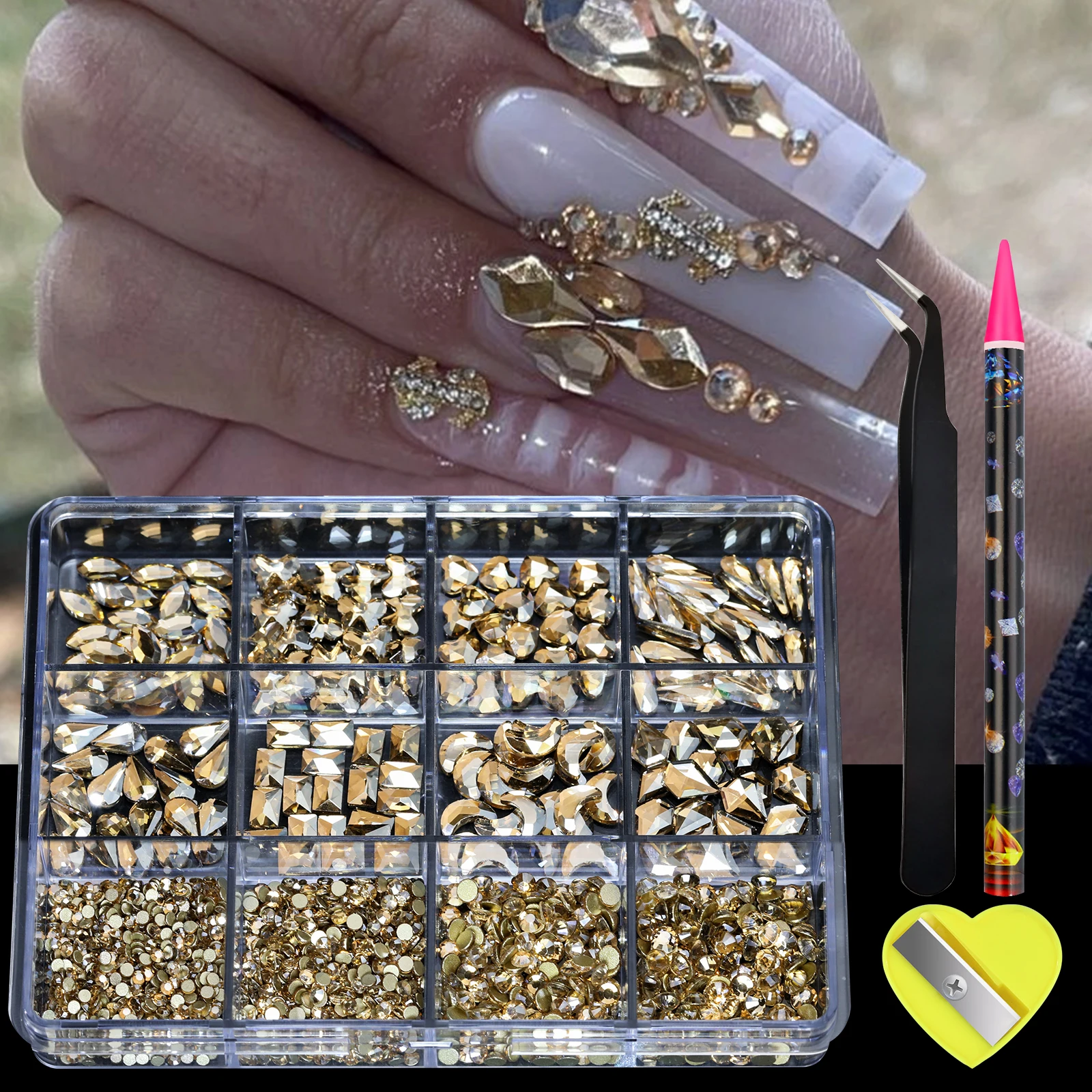 Color: Beige - 12 Grid 3D Nail Alloy Gem Rhinestone Jewelry Charms Heart Crystal Jewelry Stones Supplies For Nails Manicure Accessories Nail Ar