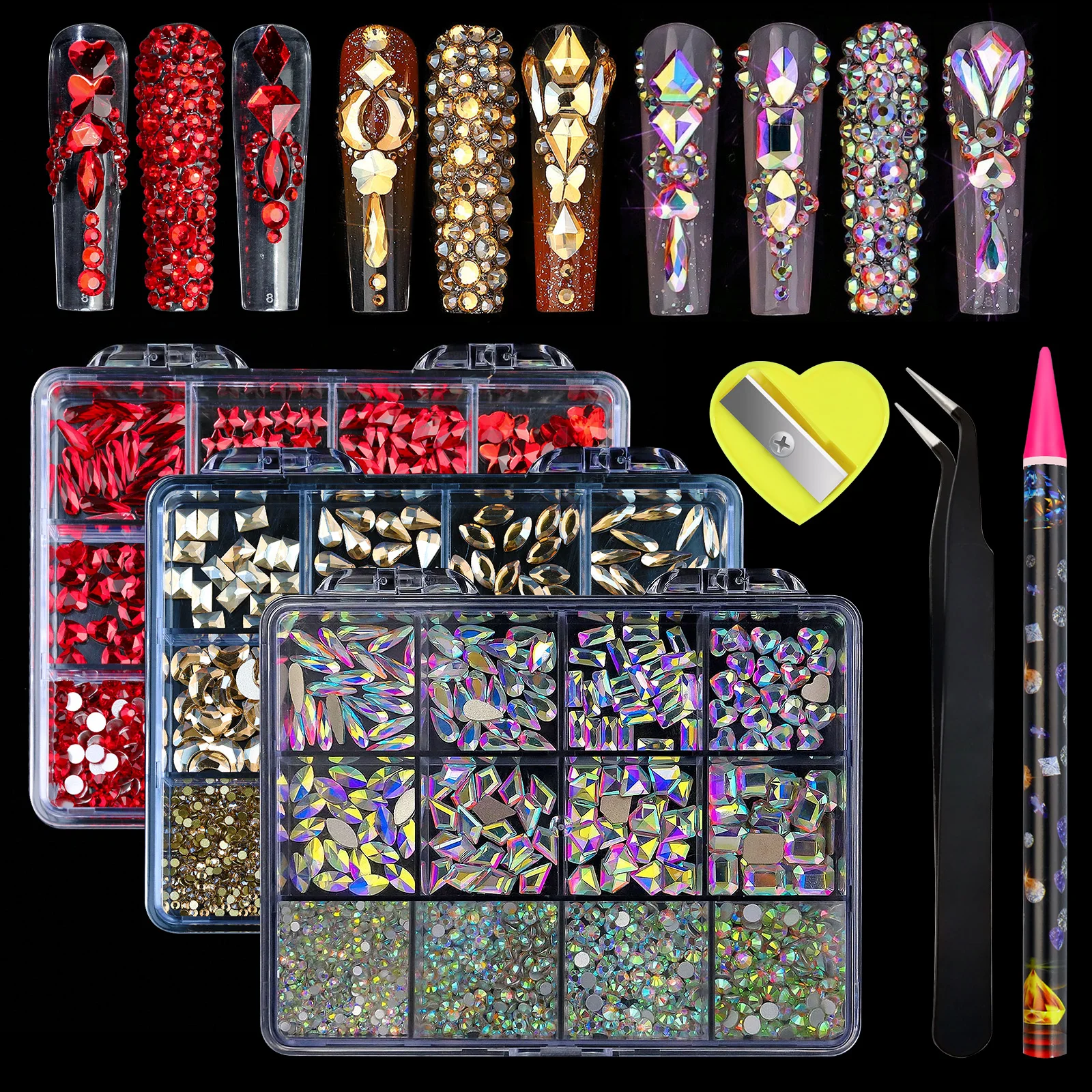 Color: Beige - 12 Grid 3D Nail Alloy Gem Rhinestone Jewelry Charms Heart Crystal Jewelry Stones Supplies For Nails Manicure Accessories Nail Ar