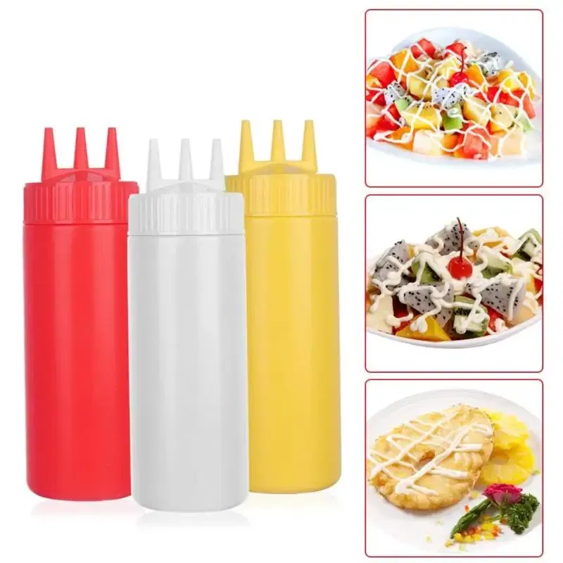 Color: light yellow - 3 Holes 800ML Twist Cap Squeeze Bottle Food Grade Plastic Ketchup Mustard Mayo Sauces Olive Oil Bottles Kitchen Gadgets