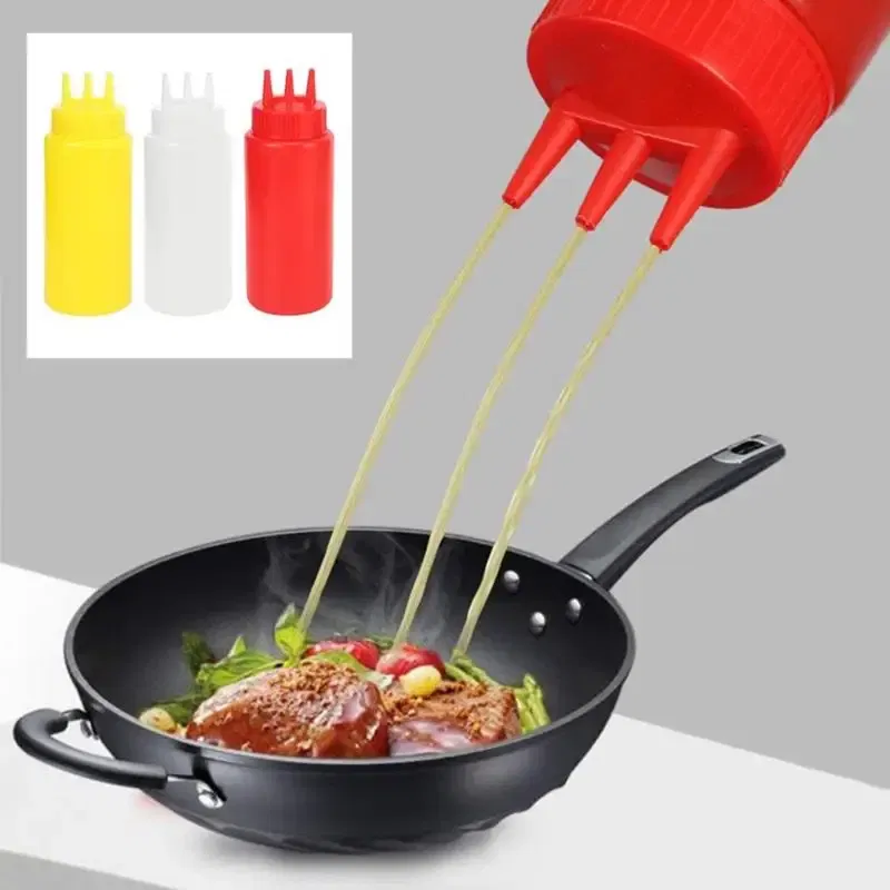 Color: light yellow - 3 Holes 800ML Twist Cap Squeeze Bottle Food Grade Plastic Ketchup Mustard Mayo Sauces Olive Oil Bottles Kitchen Gadgets