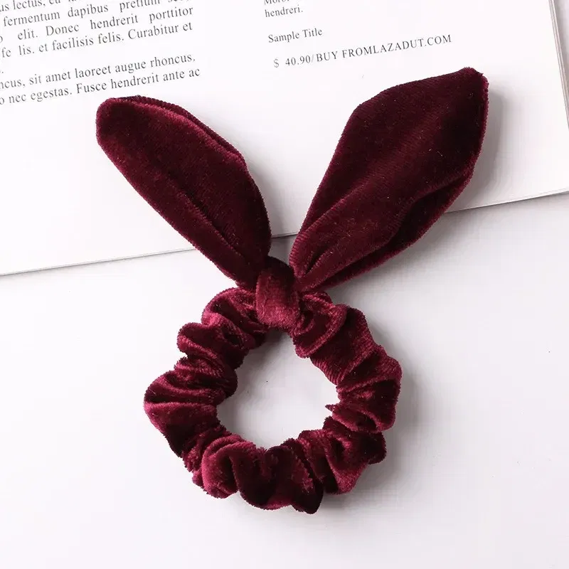 Color: PURPLE - New Velvet Scrunchies Girls/Women velvet Bunny Ear Knot Bow Hair Bands Rabbit Ear Hair tie Ponytail Hair Accessories