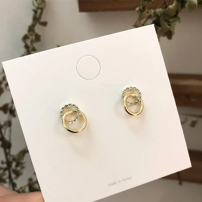 Metal Color: REDDISH BROWN - 2023 Korean Simple Double Circle Gold Color Metal crystal Stud Earrings For Women Fashion Exquisite Jewelry Best Friend Gifts