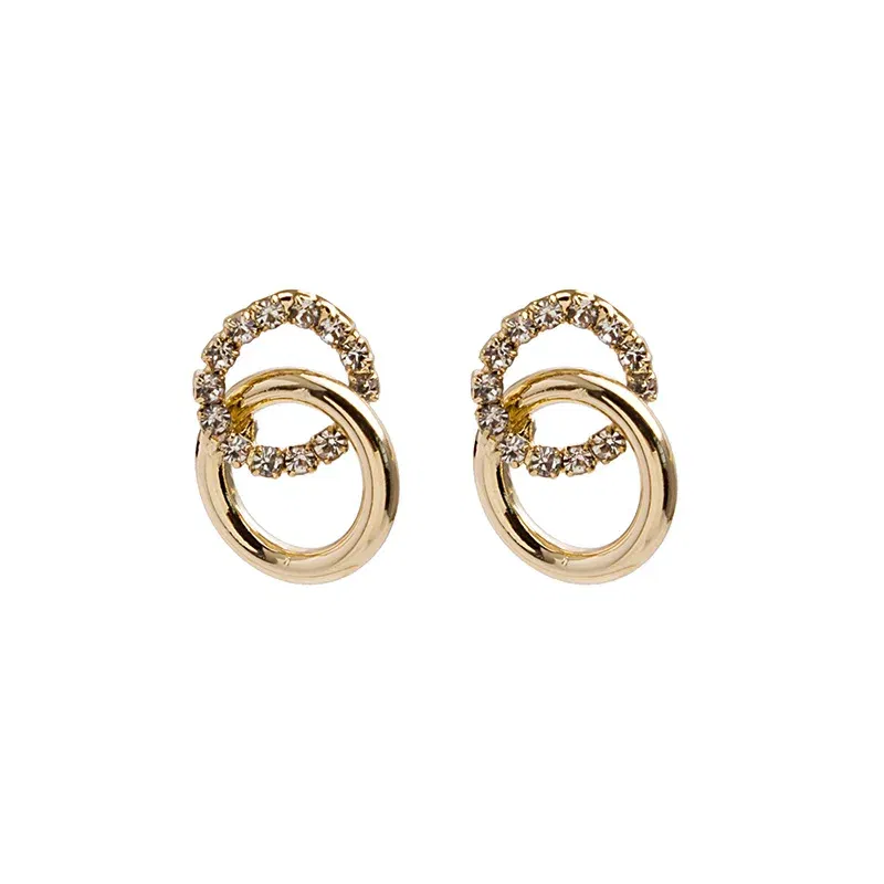 Metal Color: REDDISH BROWN - 2023 Korean Simple Double Circle Gold Color Metal crystal Stud Earrings For Women Fashion Exquisite Jewelry Best Friend Gifts
