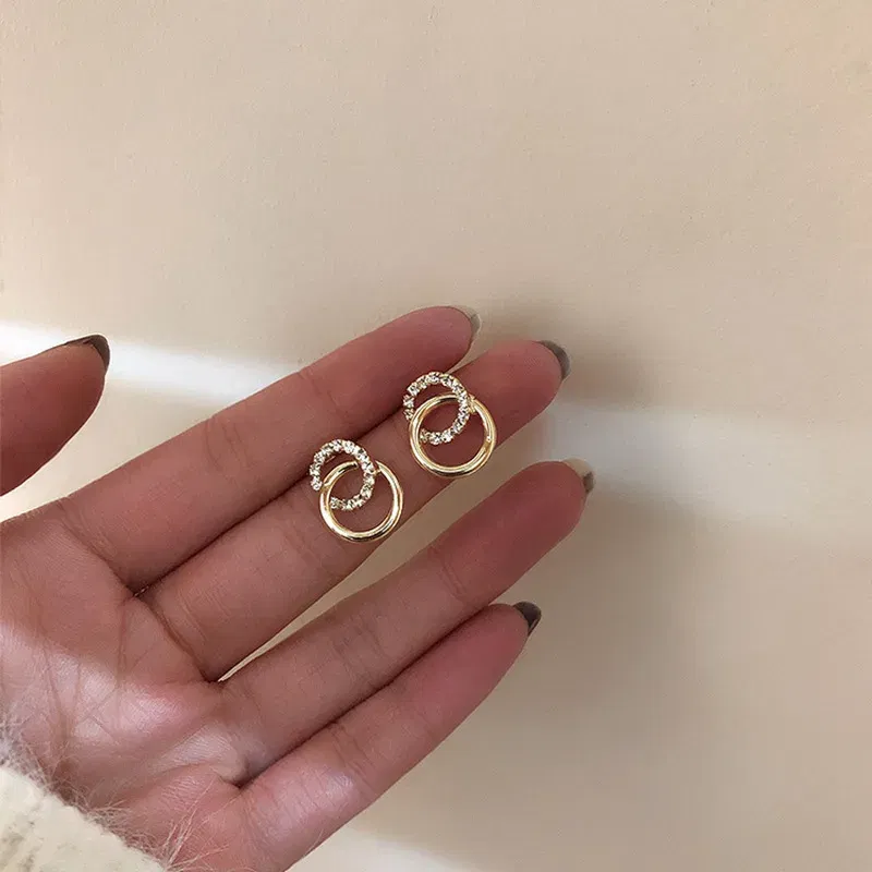 Metal Color: REDDISH BROWN - 2023 Korean Simple Double Circle Gold Color Metal crystal Stud Earrings For Women Fashion Exquisite Jewelry Best Friend Gifts