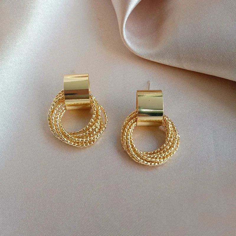 Metal Color: REDDISH BROWN - 2023 Korean Simple Double Circle Gold Color Metal crystal Stud Earrings For Women Fashion Exquisite Jewelry Best Friend Gifts