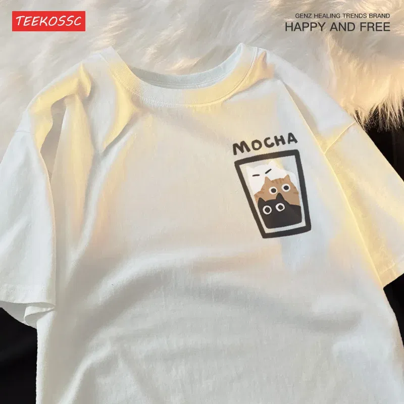 Color: Pink, Size: M - Mocha Latte Couple Outfit Cat Coffee Couple Male T-Shirts Graphic Cool Tee Shirt High-Quality Oversized Tshirt Comfort Soft