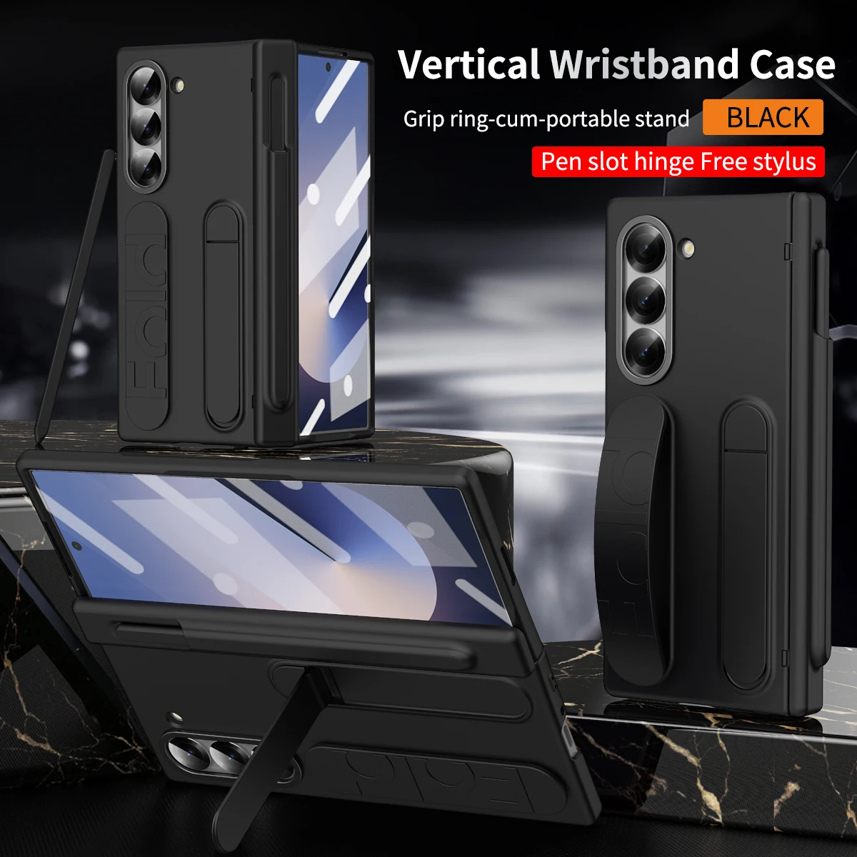 Color: Blue, Material: Denim - Touch Pen Case For Samsung Galaxy Z Fold 6 5 4 3 Skin Friendly Folding Hinge with Elastic Wrist Band Screen Tempered Film Cover