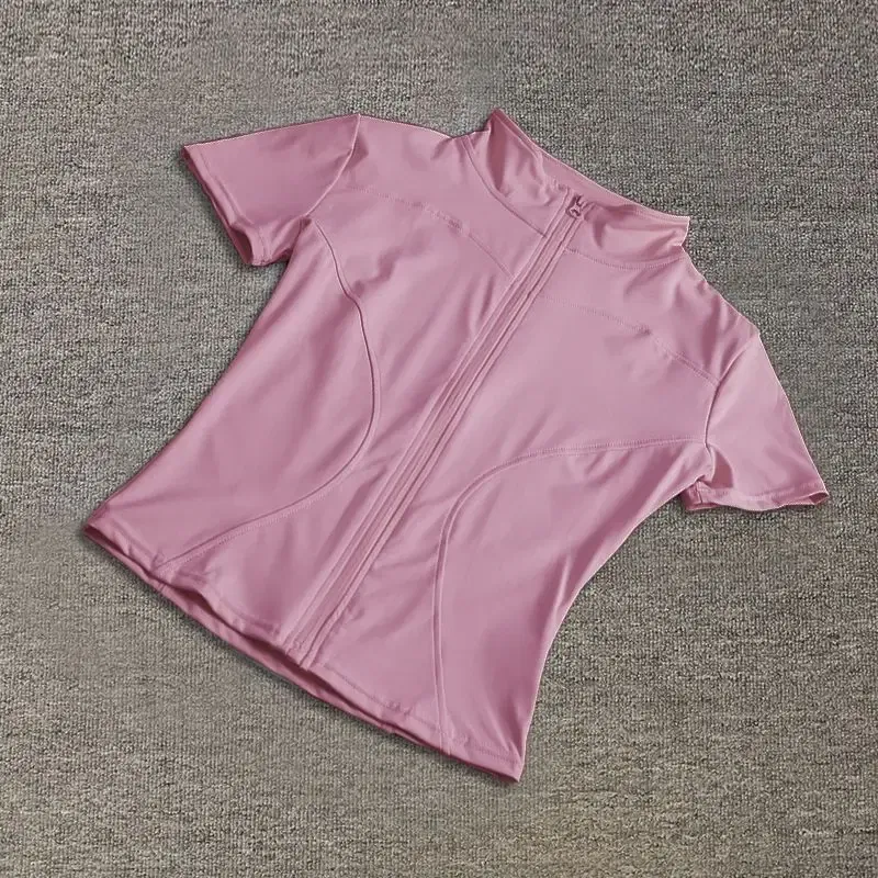 Color: Pink, Size: L - Summer High Quality Waist Slimming Training Tops Women's Quick-drying Tight Stand Collar Full Zipper Short Sleeves Yoga shirts