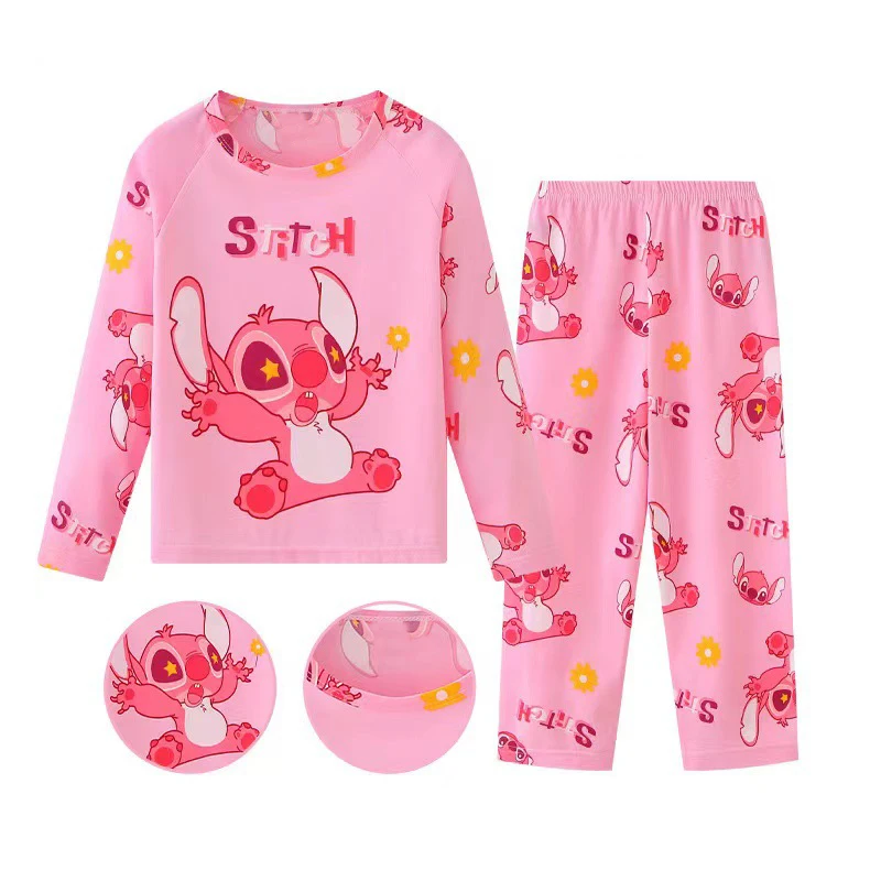 Color: Rose Red, Kid Size: 4T - 2pcs/set New Disney Stitch Children Pyjamas for Boys and Girls Sets Kid Minnie Home Wear Travel Casual Sleepwear Suit Cute Gift