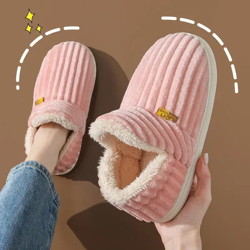 Color: black, Shoe Size: 36-37 - Winter Couple Style Concise Solid Color Wrap Heels Plush Slippers Non-slip Warm Flip Flops Women Men Home Casual Cotton Shoes