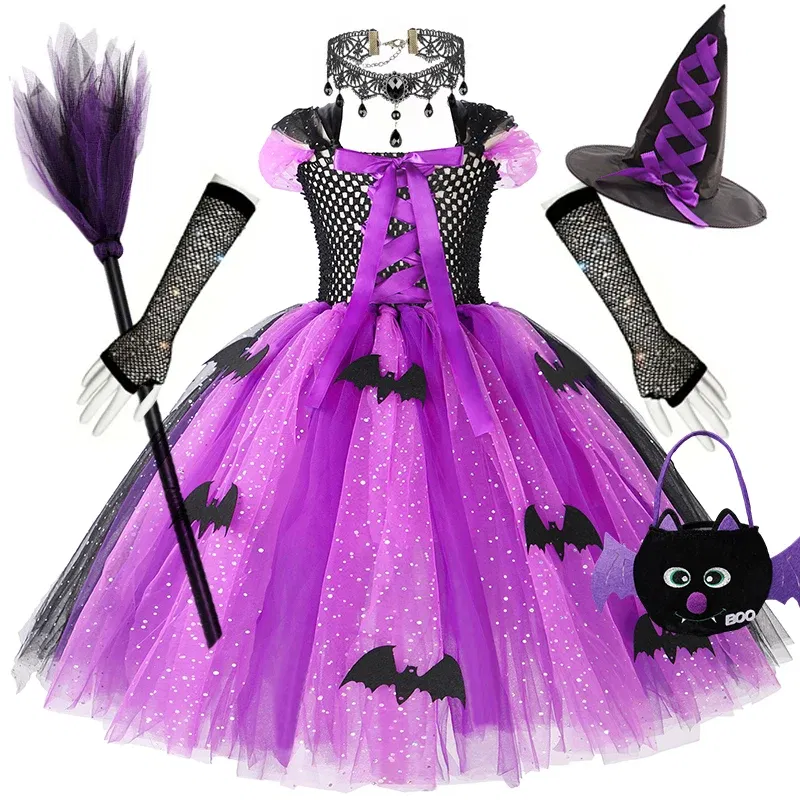 Color: Blue, Kid Size: 11 - Halloween Witch Tutu Dress for Girls Handmade Mesh Bat Wizard Cosplay Costumes with Hat Broom Toddler Evil Party Clothes Set