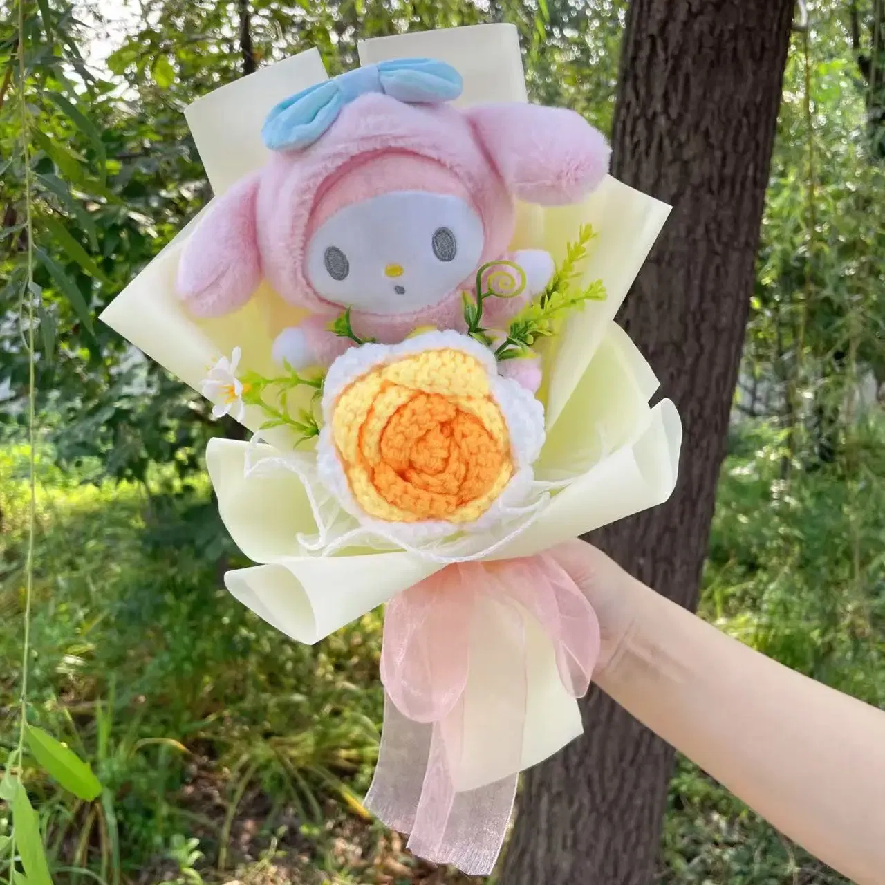 Color: Pink - Kawaii Hello Kitty Cat Dolls With Artificial Flowers Creative Bouquet Christmas Valentine Birthday Graduation Gifts