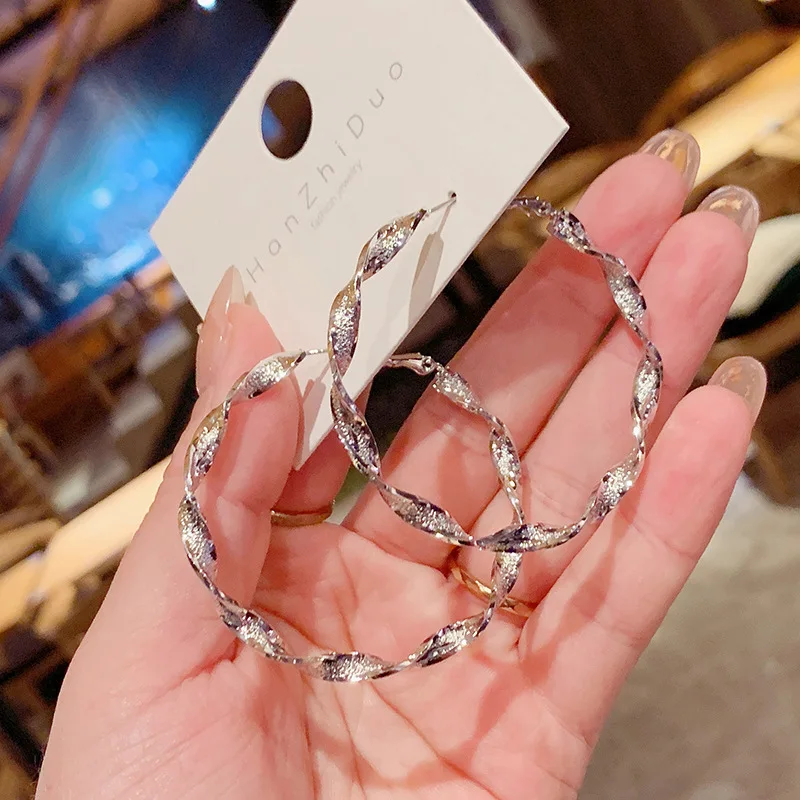 Metal Color: Gold-color - Exaggerated Spiral Wave Hoop Earrings for Women Simple Personality Frosted Metal Huggie Jewelry Brincos Christmas Day Girl Gift