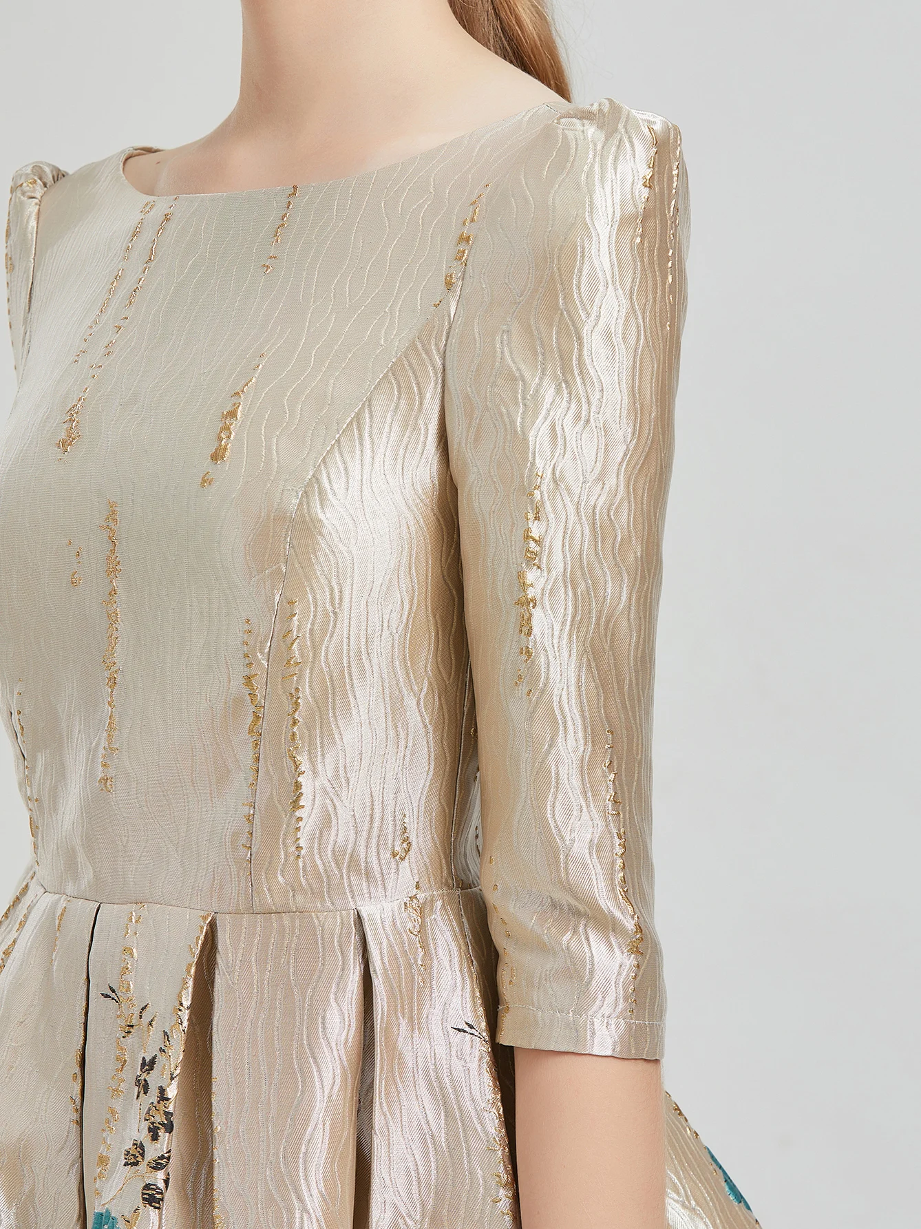 Color: Beige, Size: S - Women Luxury Floral Jacquard Dress 2024 New Fashion Sleeve Party Long Brocade Elegant Casual Girls Evening Clothing