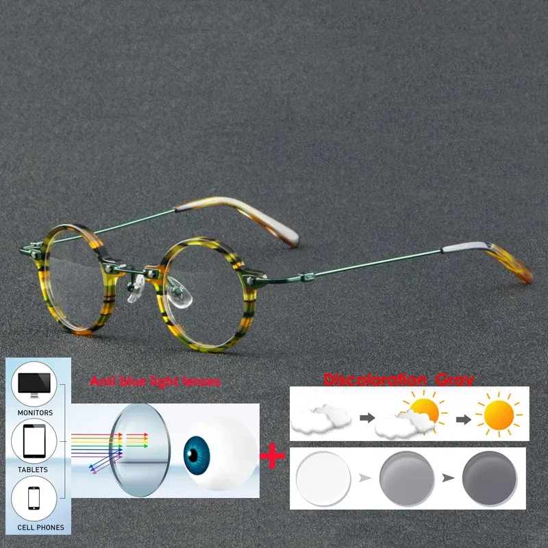 Frame Color: green, Eye Prescription: +300 - VCKA Anti-blue Discolor Acetate+Titanium Myopia Glasses Frames Small Round Men Prescription Optical Women Eyewear -0.50 to -10.0