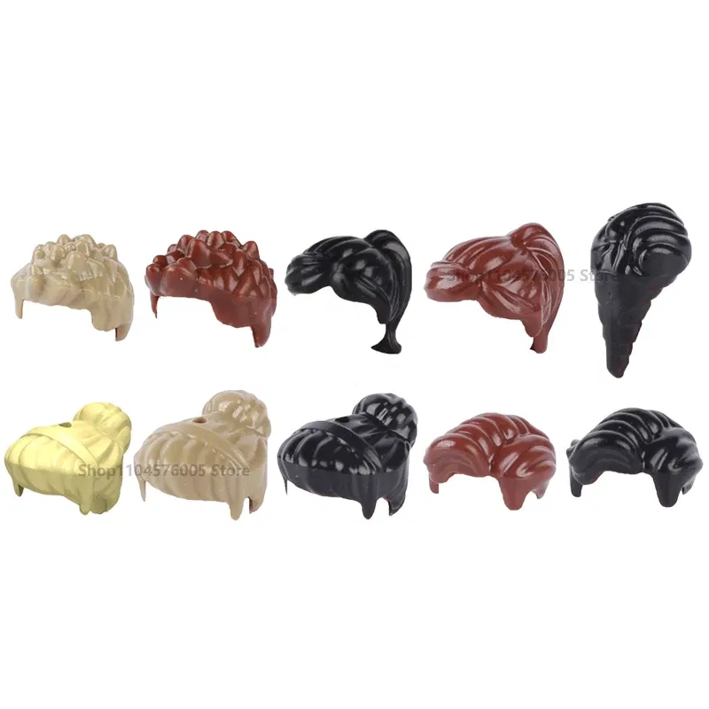 Color: Gold - MOC Brown Hair Building Blocks City Figures Body Creative Accessory Blond Gold White Parts DIY Hats Mini Bricks Assemble Toy S04
