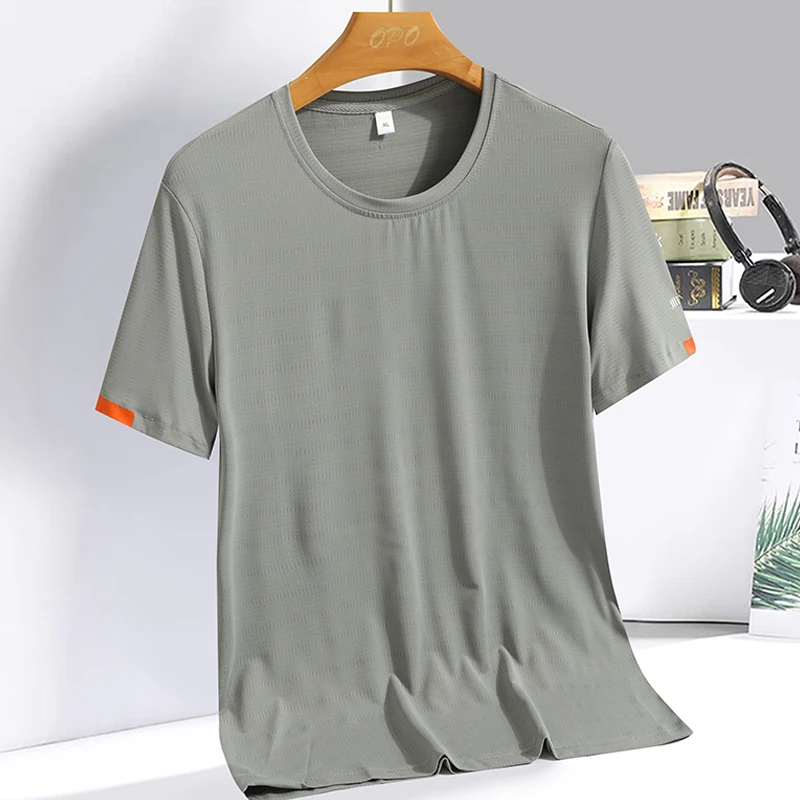 Color: Blue, Size: M - Men's Silk Ice Round Collar T-shirt, Simple Running Fitness Suit, Breathable Thin T-shirt, Quick Dry T-shirt, Summer
