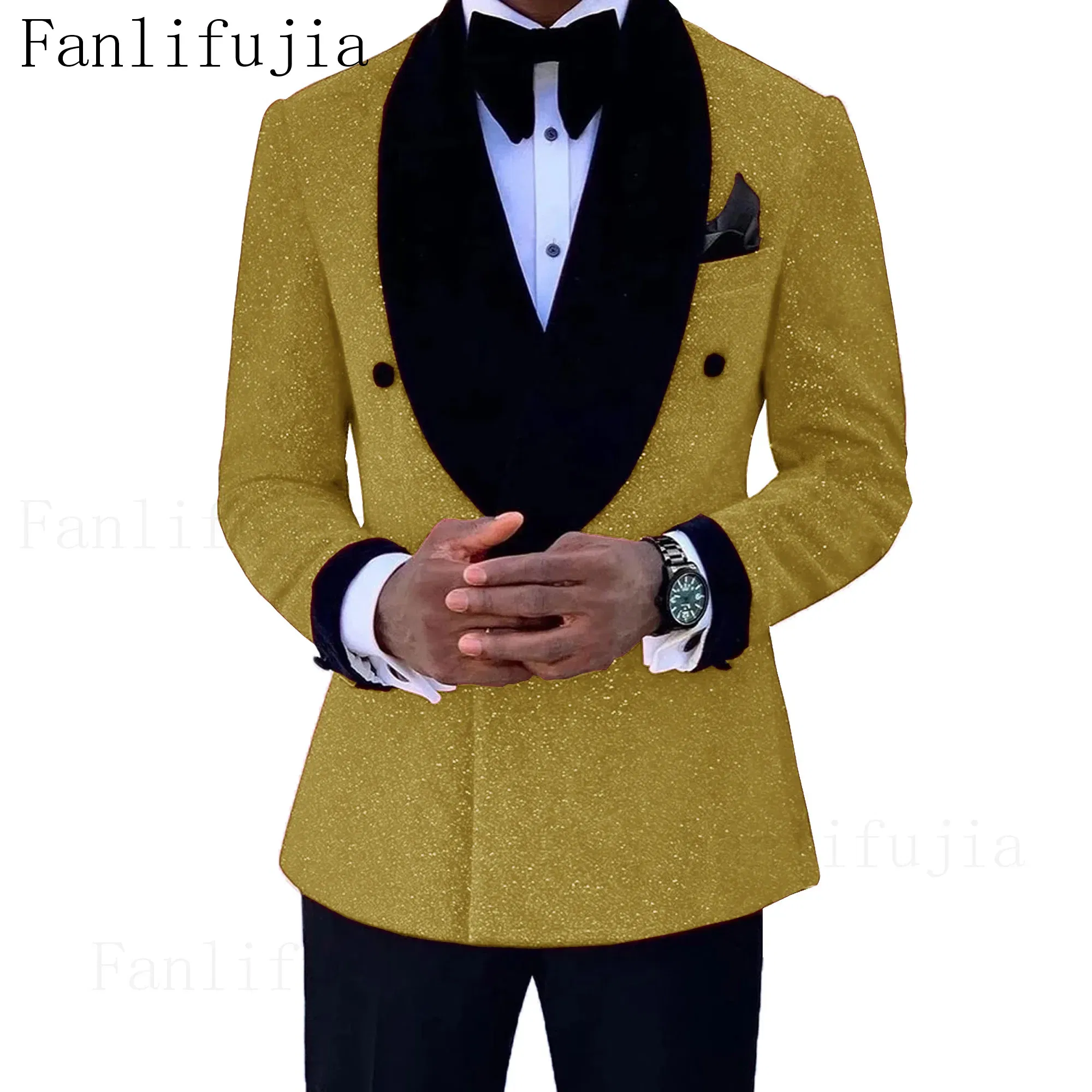 Color: Gold, Size: 5XL - Fanlifujia Luxury Red Glitter Suits Men Groom Wedding Tuxedo Double Breasted Blazer Formal Evening Party Prom Dress 2 Pieces Set