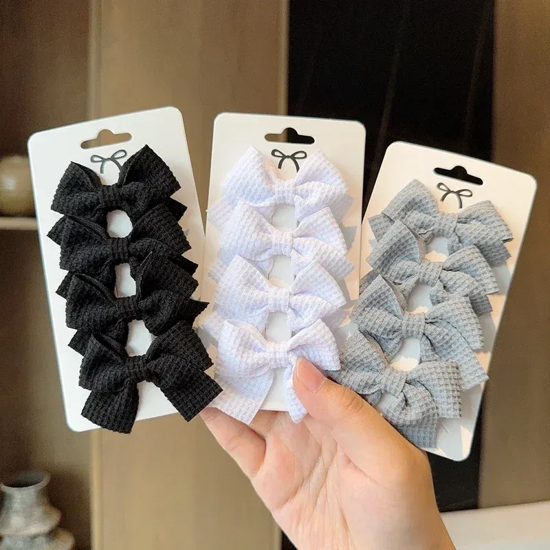 Color: Dark pink - 4PCS Soft Cotton Bow Hairpin Girl Sweet Plaid Design Hairpin Color Block Delicate Hairgripe Barrettes Kawaii Child Accessories