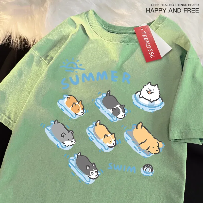 Color: Pink, Size: XXL - Fun Cat And Dog Swimming Japanese Style T-Shirt Female Casual Loose T-Shirts Summer Cotton Tops Fashion Breathable Tee Clothing