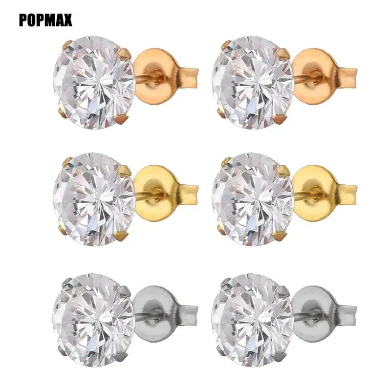 Metal Color: SILVER PLATED, Main Stone Color: Red - POPMAX 1Pairs/2Pcs Stainless Steel Crystal Studs Earrings For Women Men 4 Prong Tragus Round Clear Cubic Zirconia Ear Jewelry