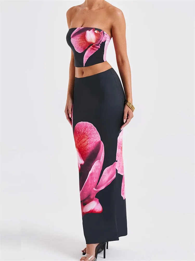 Color: black, Size: M - CHRONSTYLE Sexy Women 2 Pieces Outfits Floral Print Tube Tops and Elastic Waist Bodycon Long Skirts Sets Summer Streetwear 2024
