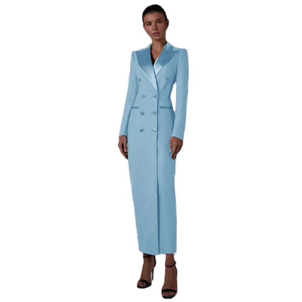 Color: SKY BLUE, Size: 4XL - Women's Suit Long Jacket One Piece Blazer Double Breasted Formal Tuxedo Party Dress кос?‚юм ?¶?µнский
