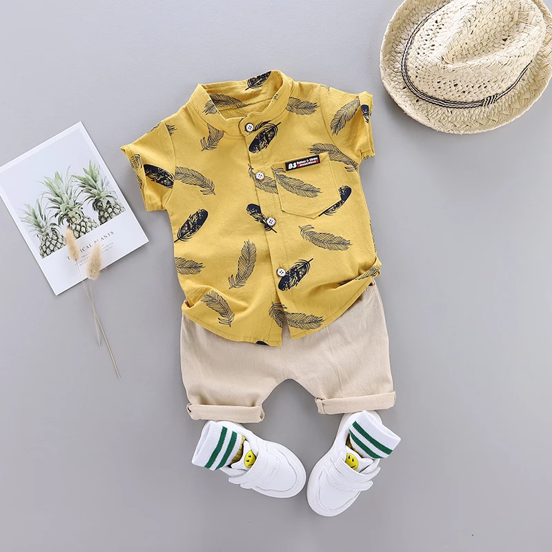 Color: Yellow, Kid Size: 6M - 0-3 Year Old Baby Summer Feather Print Shirt Short Sleeve Suit