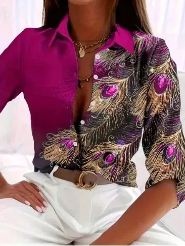 Color: Brown, Size: L - Fashionable Ladies Trendy Long Sleeved Shirt With Feather Gemstone Print Buttons Lapel Shirt Sleeves Autumn Elegant Ladies Shirt