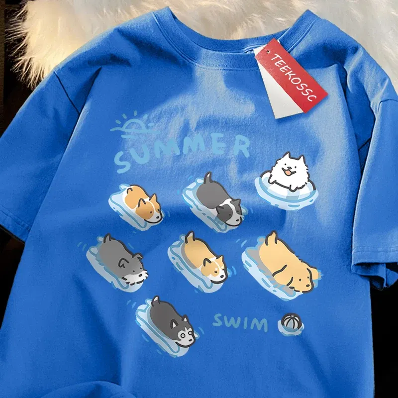 Color: army green, Size: M - Fun Cat And Dog Swimming Japanese Style T-Shirt Female Casual Loose T-Shirts Summer Cotton Tops Fashion Breathable Tee Clothing