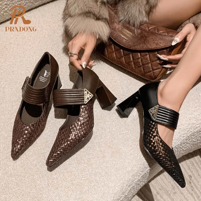 Color: black, Shoe Size: 33 - PRXDONG Genuine Leather Women Pumps 2025 New Spring Summer High Heels Pointed toe Black Brown Dress Party Female Shoes Size 40