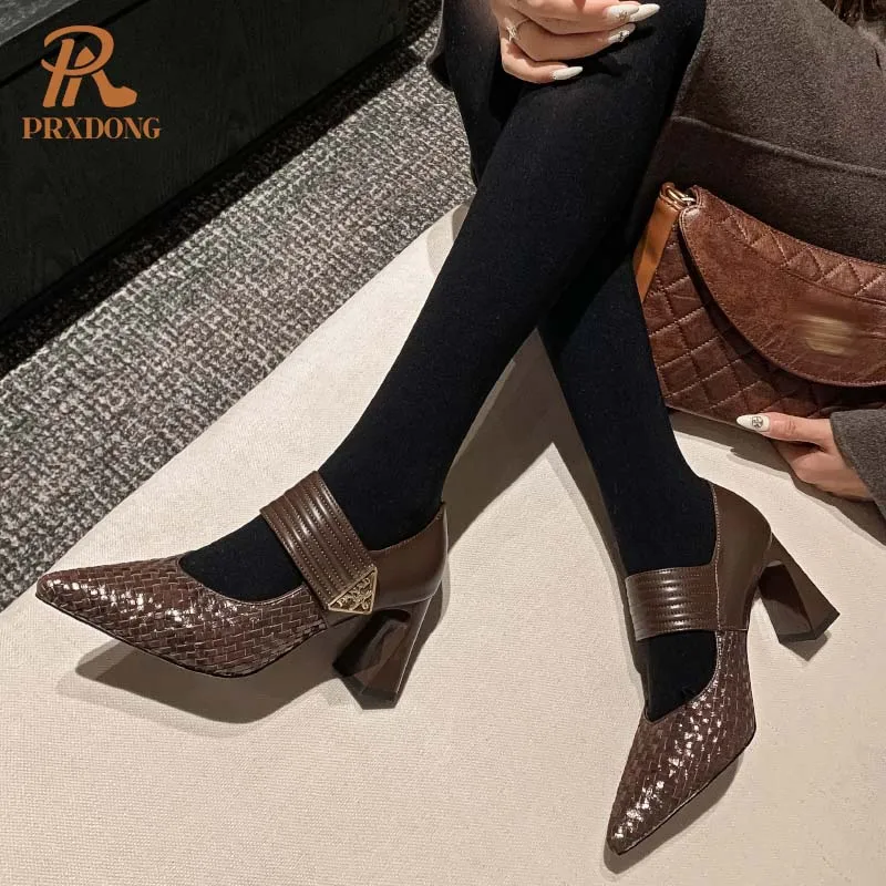 Color: black, Shoe Size: 33 - PRXDONG Genuine Leather Women Pumps 2025 New Spring Summer High Heels Pointed toe Black Brown Dress Party Female Shoes Size 40