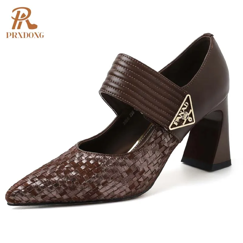Color: black, Shoe Size: 33 - PRXDONG Genuine Leather Women Pumps 2025 New Spring Summer High Heels Pointed toe Black Brown Dress Party Female Shoes Size 40
