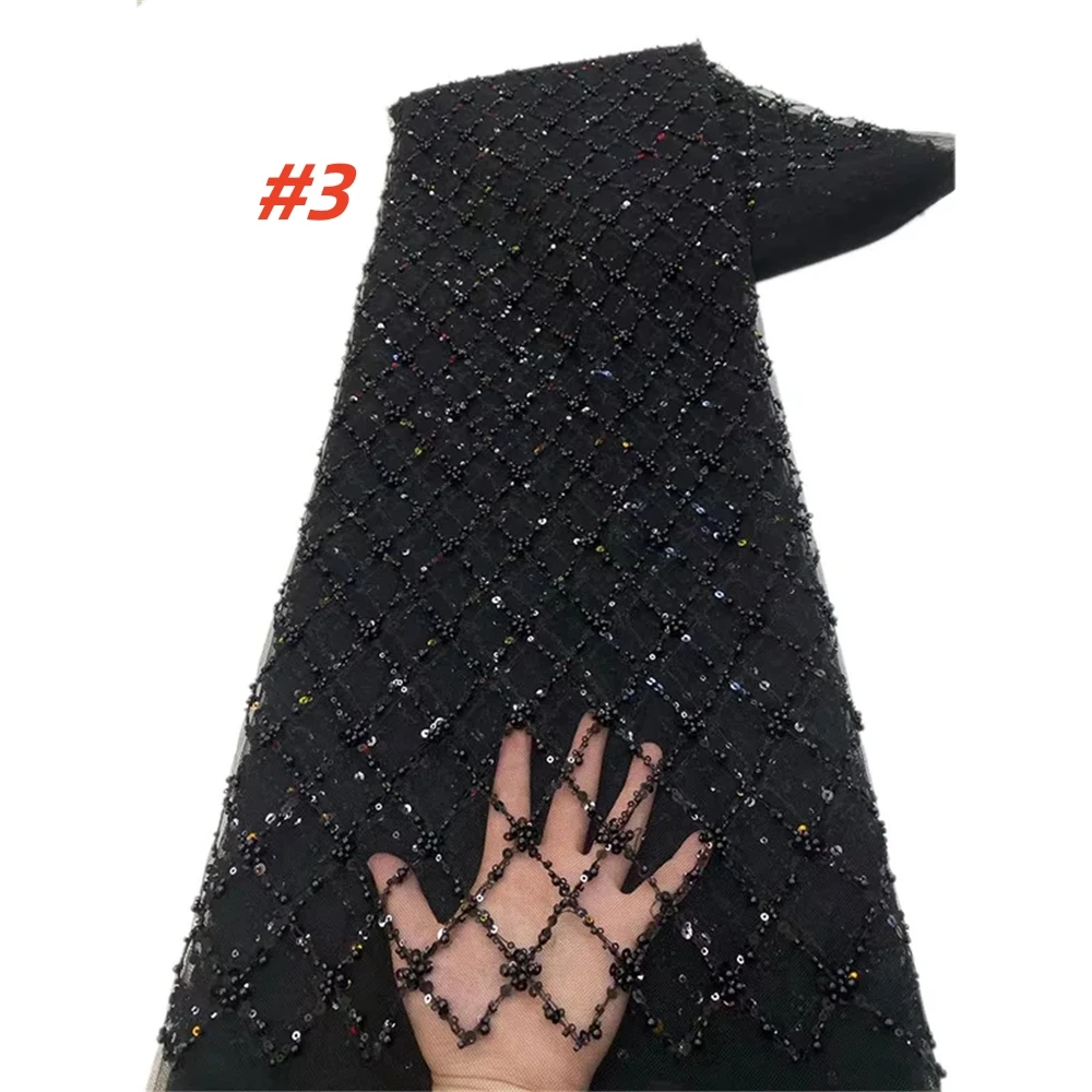 Color: Pink, Length: 5 yards, Width: 120cm - Gold African Sequins Lace Fabric 2025 High Quality French Nigerian Groom Lace Mesh Fabrics Beads For Sewing Dress Wedding Party