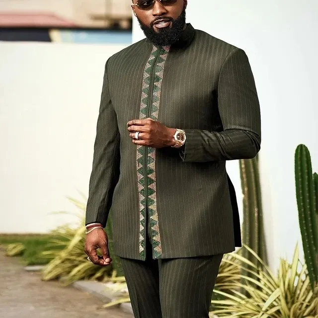 Color: army green, Size: S - 2025 New men's suit, white pocket, 2-piece set, luxury wedding casual suit, traditional African style of ethnic minorities