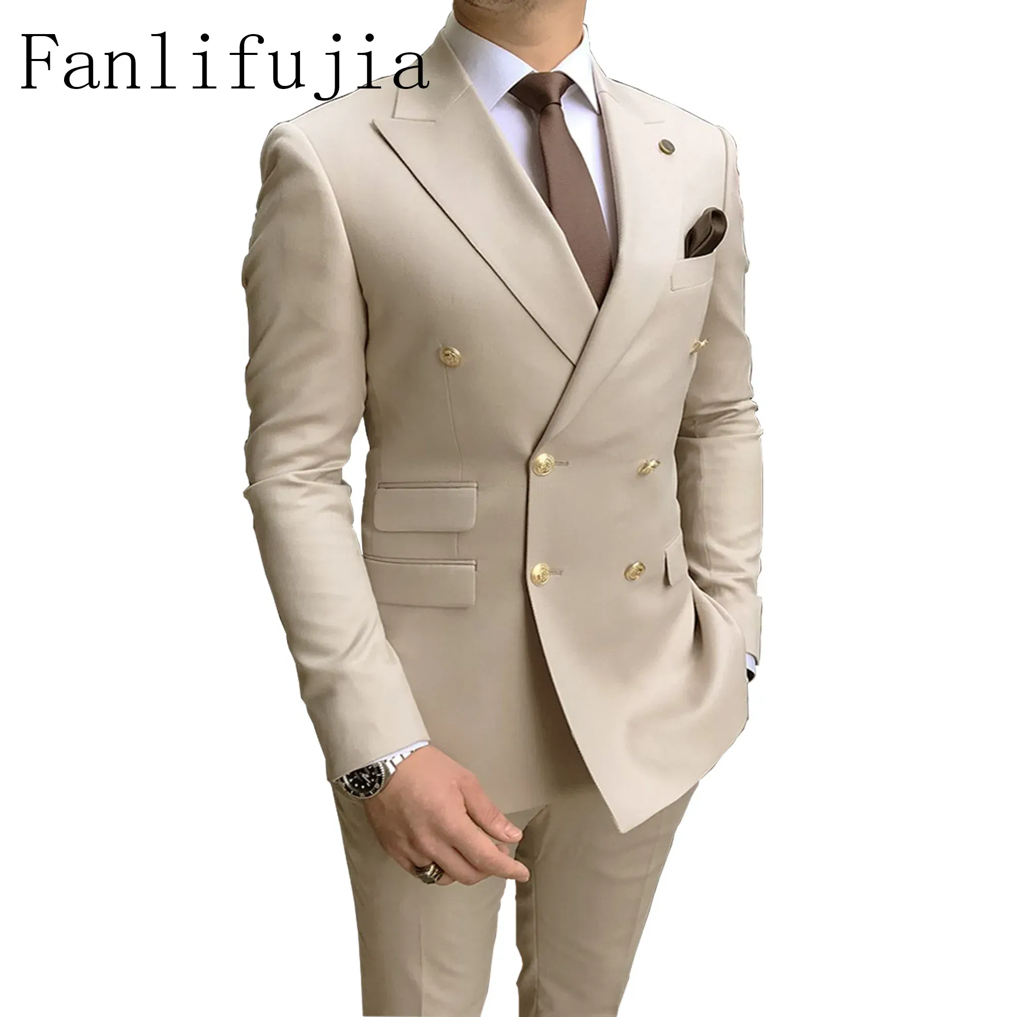 Color: Turquoise, Size: 4XL - Fanlifujia Store 2024 Casual Sky Blue Men Suits Double Brested Peak Lapel Gold Button Groom Wedding Tuxedos Best Costume Homme