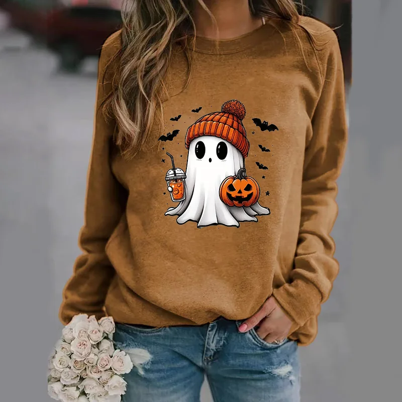Color: Dark Brown, Size: XXL - Cute Ghost Pattern Sweater Women's Casual Halloween Ghost Harajuku Pullover Fall Women's Tops