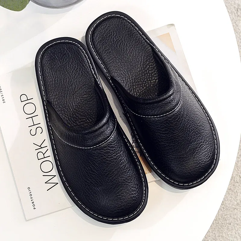 Color: Clear, Shoe Size: 5.5 - Mens Bedroom Leather Slippers Unisex Black Home Shoes Big Size 47 48 Man's Slippers Indoor Comfy Males Slides Family Flats Shoes