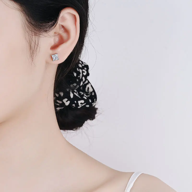 Metal Color: Rhodium Plated - KNOBSPIN D Color Princess Cut Moissanite Earring s925 Sterling Sliver Plated with 18k White Gold Earrings for Women Fine Jewelry