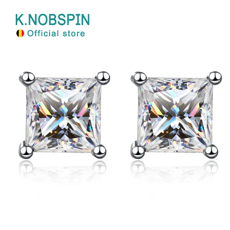 Metal Color: Rhodium Plated - KNOBSPIN D Color Princess Cut Moissanite Earring s925 Sterling Sliver Plated with 18k White Gold Earrings for Women Fine Jewelry